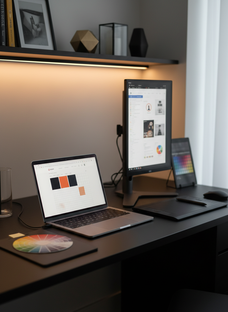 Un elegante angolo di studio grafico dedicato al digital design, in stile minimal contemporaneo, fotografato a livello occhi. Su una scrivania nera opaca, un laptop aperto mostra un’interfaccia di design con layout di sito web aziendale pulito, griglie ben visibili e blocchi colore coordinati con mockup di campagne social su uno schermo secondario verticale. Accanto, un tablet grafico con penna, tavolozza colori digitale e icone astratte. Luci LED calde sottopensile illuminano delicatamente la superficie, mentre una tenue luce naturale filtra da una finestra laterale, creando riflessi sottili in metallo e vetro. Sfondo sfocato con mensole e oggetti geometrici decorativi. Atmosfera calma, concentrata, di alta consulenza digitale, resa fotografica nitida e moderna.