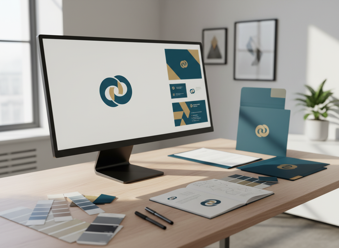 Un elegante desk di agenzia grafica B2B visto in fotografia realistica: al centro un grande monitor ultrawide mostra un layout di brand identity coordinata per azienda, con logo astratto senza testo, palette blu petrolio e oro, mockup di biglietti da visita, carta intestata e cartellina aziendale. Intorno, superficie in legno chiaro con campionari colore, penne e un taccuino aperto con schizzi geometrici. Luce naturale laterale da una finestra fuori campo, morbida e diffusa, crea riflessi discreti sullo schermo e ombre leggere, atmosfera sofisticata e professionale. Ripresa a tre quarti, leggera profondità di campo per sfocare appena lo sfondo dello studio minimal, enfatizzando pulizia, precisione e consulenza su misura.