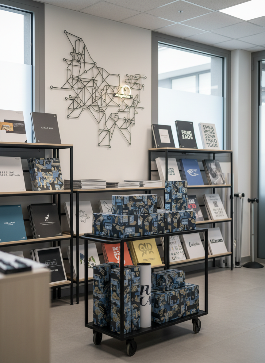 Una veduta fotografica realistica di un laboratorio grafico che prepara consegne locali premium: al centro un carrello minimal in metallo nero con diverse scatole e tubi portaposter personalizzati con pattern astratti coordinati, pronti per la consegna. Su una parete vicina, una grande mappa stilizzata senza nomi evidenti, con un segnaposto luminoso sulla zona di Albignasego. Intorno, scaffali con prodotti finiti: cataloghi impilati, cartelli rigidi, roll-up arrotolati. Luce naturale filtrata da grandi vetrate laterali, integrata da luci da soffitto neutre, crea un’aria luminosa e affidabile. Inquadratura a tre quarti, con lieve sfocatura sullo sfondo per concentrare l’attenzione sui materiali, trasmettendo servizio curato e consegna a mano.