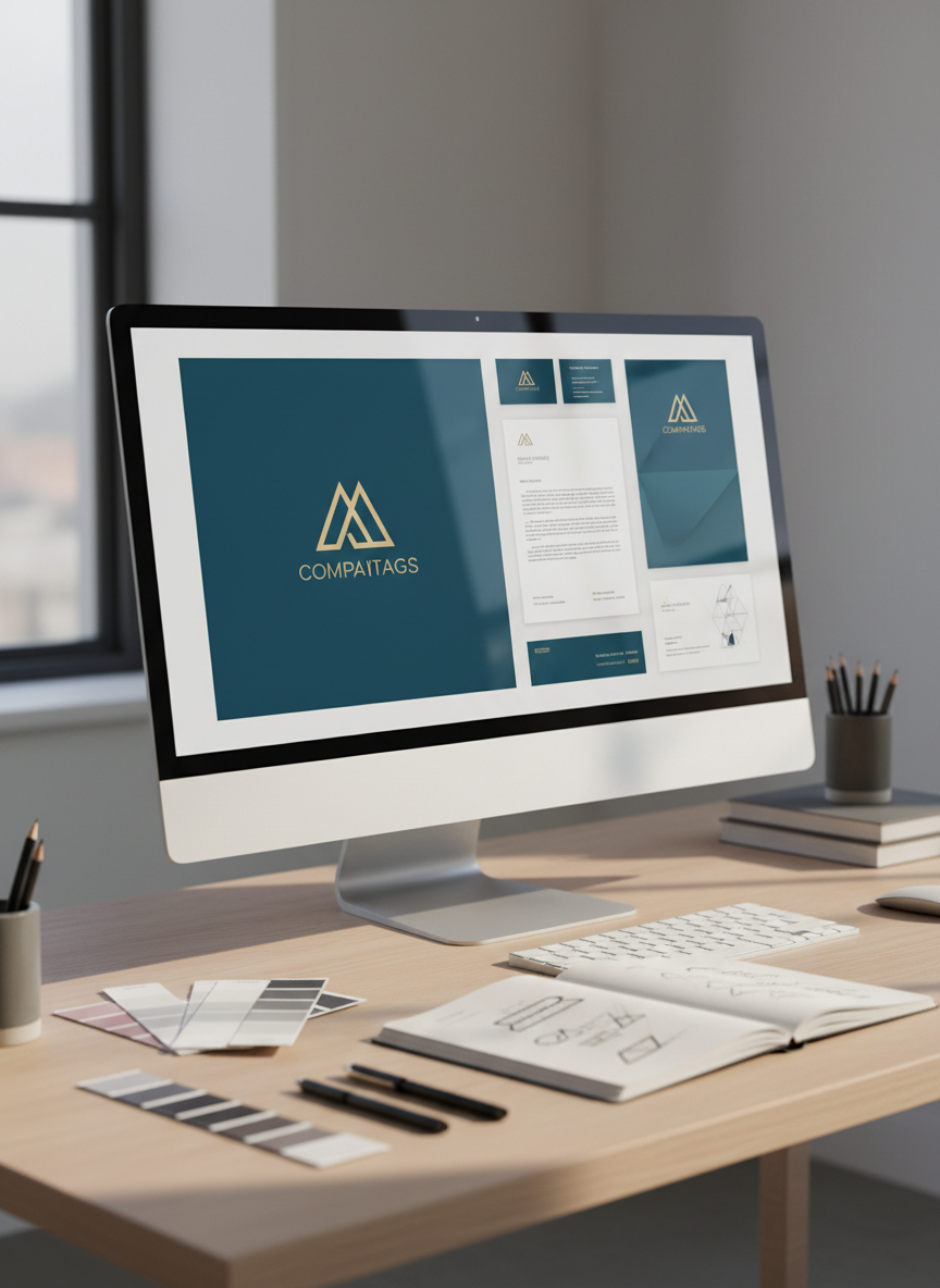 Un elegante desk di agenzia grafica B2B visto in fotografia realistica: al centro un grande monitor ultrawide mostra un layout di brand identity coordinata per azienda, con logo astratto senza testo, palette blu petrolio e oro, mockup di biglietti da visita, carta intestata e cartellina aziendale. Intorno, superficie in legno chiaro con campionari colore, penne e un taccuino aperto con schizzi geometrici. Luce naturale laterale da una finestra fuori campo, morbida e diffusa, crea riflessi discreti sullo schermo e ombre leggere, atmosfera sofisticata e professionale. Ripresa a tre quarti, leggera profondità di campo per sfocare appena lo sfondo dello studio minimal, enfatizzando pulizia, precisione e consulenza su misura.