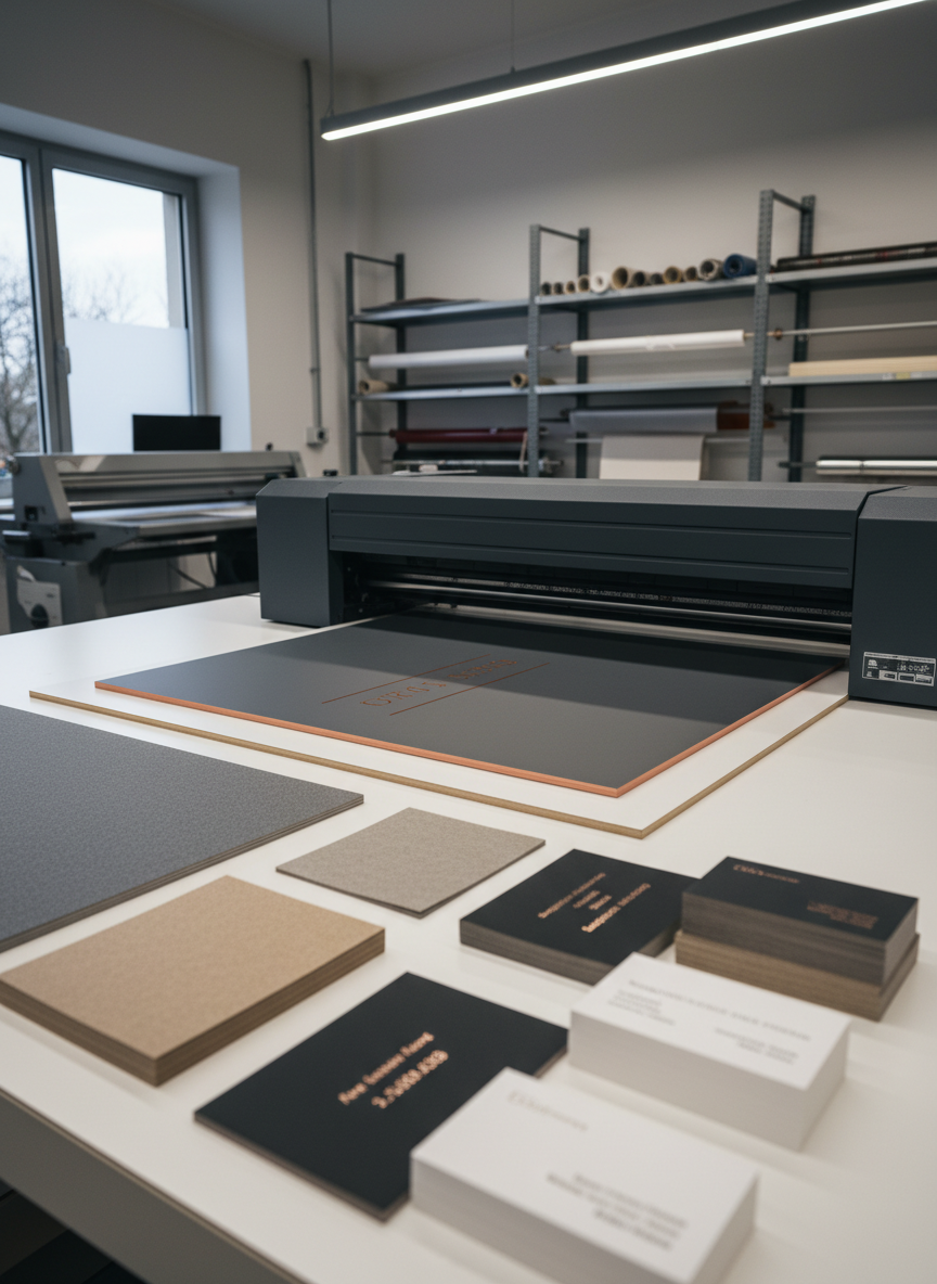 Un banco di tipografia moderna in fotografia iperrealistica, con una stampante professionale di grande formato al lavoro su un pannello rigido per insegna aziendale elegante, dai toni antracite e rame, senza testo leggibile. In primo piano, campioni di carte premium con diverse texture, biglietti da visita spessorati e cartoncini per inviti business. Sullo sfondo, scaffali ordinati con rotoli di vinile, risme di carta e una taglierina professionale. Illuminazione mista: neon neutro dall’alto e una finestra laterale che aggiunge un leggero contrasto, creando un clima operativo ma curato. Inquadratura leggermente angolata, profondità di campo medio-alta, trasmettendo precisione artigianale, consegna curata e attenzione ai dettagli per clienti aziendali.