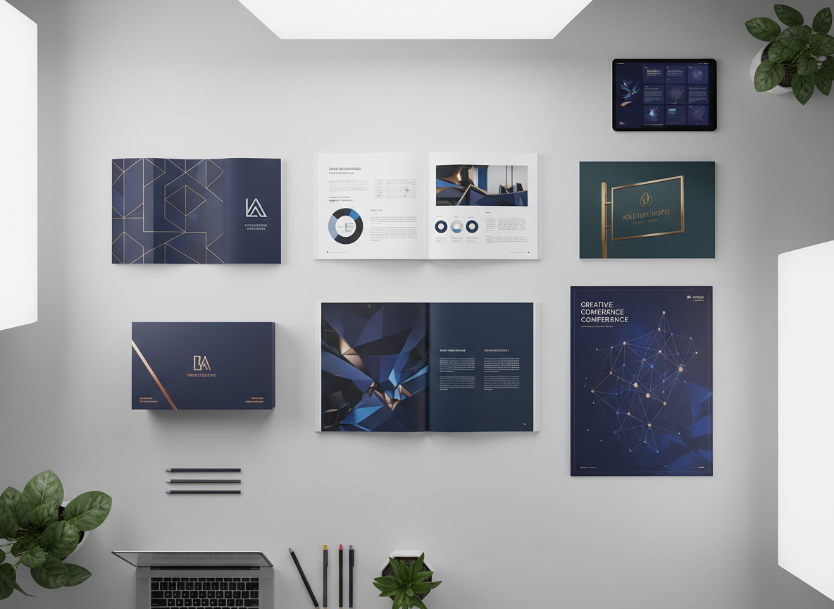 Un tavolo da lavoro fotografato dall’alto in uno studio grafico raffinato, ricoperto da sei mockup stampati diversi: un catalogo aziendale aperto su una doppia pagina con infografiche pulite, una brochure pieghevole, un packaging per prodotto premium, un’insegna da esterno, un grande poster promozionale e un template per social media su tablet. Ogni progetto ha uno stile coerente e corporate, con colori profondi e dettagli metallici sottili. Luce soffusa da softbox, ombre morbide e omogenee, atmosfera ordinata e meticolosa. Composizione a griglia, tutto perfettamente allineato, resa fotografica ad alta definizione che comunica versatilità nei servizi di grafica offline e online senza sembrare stock.