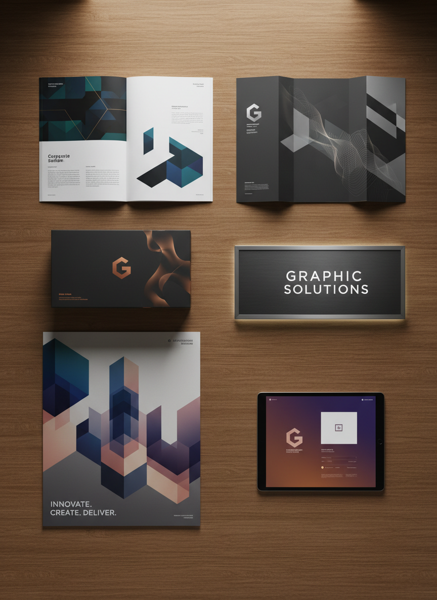 Un tavolo da lavoro fotografato dall’alto in uno studio grafico raffinato, ricoperto da sei mockup stampati diversi: un catalogo aziendale aperto su una doppia pagina con infografiche pulite, una brochure pieghevole, un packaging per prodotto premium, un’insegna da esterno, un grande poster promozionale e un template per social media su tablet. Ogni progetto ha uno stile coerente e corporate, con colori profondi e dettagli metallici sottili. Luce soffusa da softbox, ombre morbide e omogenee, atmosfera ordinata e meticolosa. Composizione a griglia, tutto perfettamente allineato, resa fotografica ad alta definizione che comunica versatilità nei servizi di grafica offline e online senza sembrare stock.