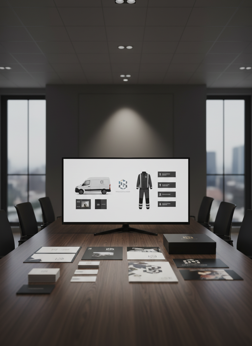 Una raffinata scena di presentazione al cliente senza persone: un tavolo da riunione in legno scuro, fotografato frontalmente, con un grande monitor che mostra un mockup realistico di brand aziendale applicato su furgone, divisa tecnica e segnaletica interna, tutti coordinati e senza testi leggibili. Sul tavolo sono disposte cartelline, biglietti e brochure abbinati, più una scatola da packaging premium. Luce morbida da faretti a soffitto, con un cono leggermente più intenso sul centro del tavolo che guida lo sguardo. Atmosfera esclusiva e sofisticata, tipica di consulenza B2B di alto livello. Composizione simmetrica, profondità di campo moderata, stile fotografico pulito e contemporaneo, che comunica servizi 360° e cura nella presentazione.